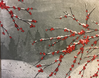 3 Decoupage Napkins - Snowy Winter Branches Red Berries, 13" x 13" Unfolded