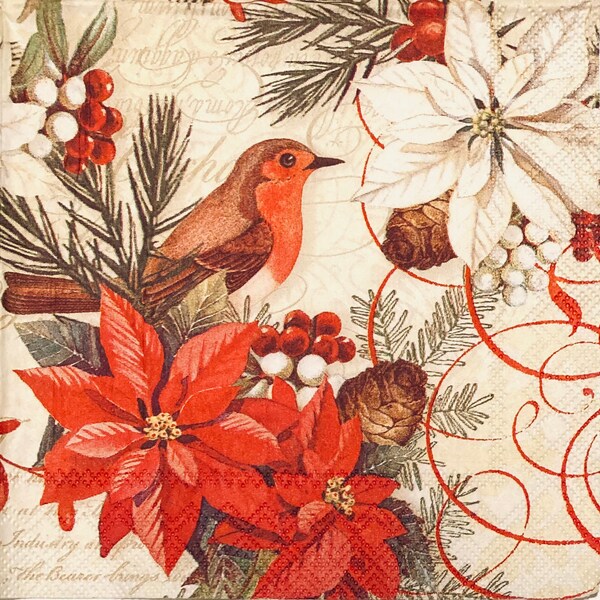 3 Decoupage Beverage Napkins, Merry Christmas Birds 10" x 10" Unfolded