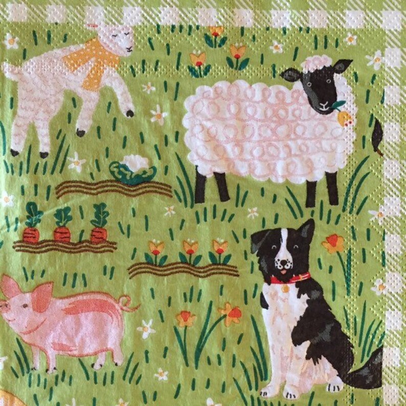 3 Decoupage Napkins Farm Animals Border Collie Green Etsy