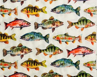 3 Decoupage Napkins, Lake Fish Portrait,  13" x 13" unfolded