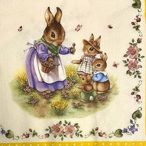 3 Decoupage-Servietten, Frühling Ostern Hasenfamilie Villeroy & Boch, 33 cm x 33 cm ungefaltet