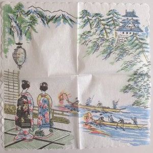 3 Vintage Decoupage kleine Reispapierservietten, zwei japanische Frauen-Kimonos, Kormoran, Fischerboote, Ukai, 9" x 9" aufgeklappt