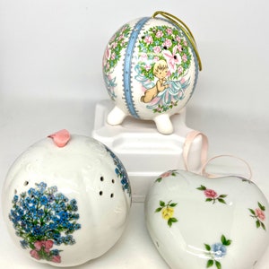 Three Vintage Potpourri Ball Ceramic Porcelain Fragrance Pomander Diffusers With Hangers