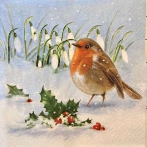 3 serviettes de découpage, oiseau rouge-gorge d’hiver dans la neige, 13 « x13 » déplié