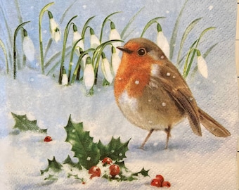 3 Decoupage Napkins, Winter Robin Bird in Snow, 13"x13" Unfolded