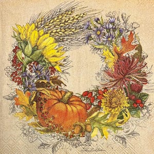 3 tovaglioli per bevande decoupage, splendida ghirlanda del raccolto autunnale 10" x 10" spiegati