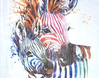3 serviettes de découpage, Fasana Aquarelle Rainbow Zebras 13 » x 13 » dépliées