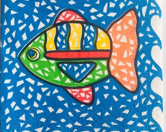 3 Decoupage Beverage Napkins, Authentic Vintage Bright Fish Mosaic, 10" x 10" unfolded