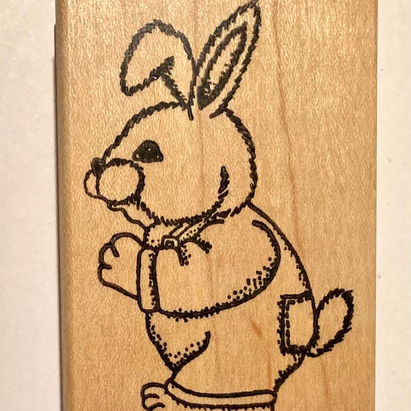 Vintage Ann-ticipations Bunny Rabbit in Overalls Wooden Rubber Stamp, 1994, 2" x 3"