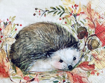 3 Decoupage Beverage Napkins - Sweet Autumn Hedgehog 10"x10" Unfolded