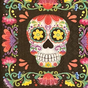 3 Decoupage Hostess Napkins - Día De Los Muertos Day of the Dead Calavera Colorful Skulls, 16&quot; x 13&quot; Unfolded