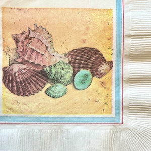3 servilletas de bebidas decoupage, auténticas conchas marinas vintage de Cape Shore, conchas azules marrones, 10" x 10" desplegadas