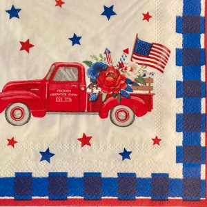 3 Decoupage Getränkeservietten - Red Pickup Truck Vierte Juli USA Flagge 10" x 10" Unfolded