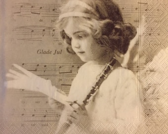 3 Decoupage Napkins, Sagen Vintage Angel Glade Jul Music, 13" x 13" unfolded