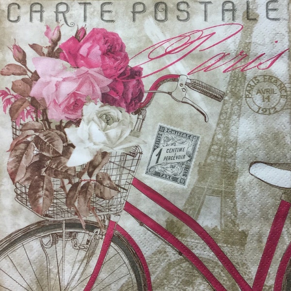 3 Decoupage Napkins, Carte Postale Paris Bicycle Flower Basket 13" x 13" unfolded