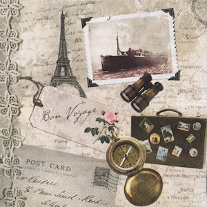 3 tovaglioli decoupage, vintage Bon Voyage Travel France, 13" x 13" aperti