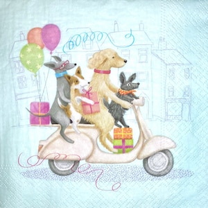 3 Decoupage-Servietten, Geburtstags-Servietten, vier Hunde auf Tour Roller, 33 cm x 33 cm, ungefaltet