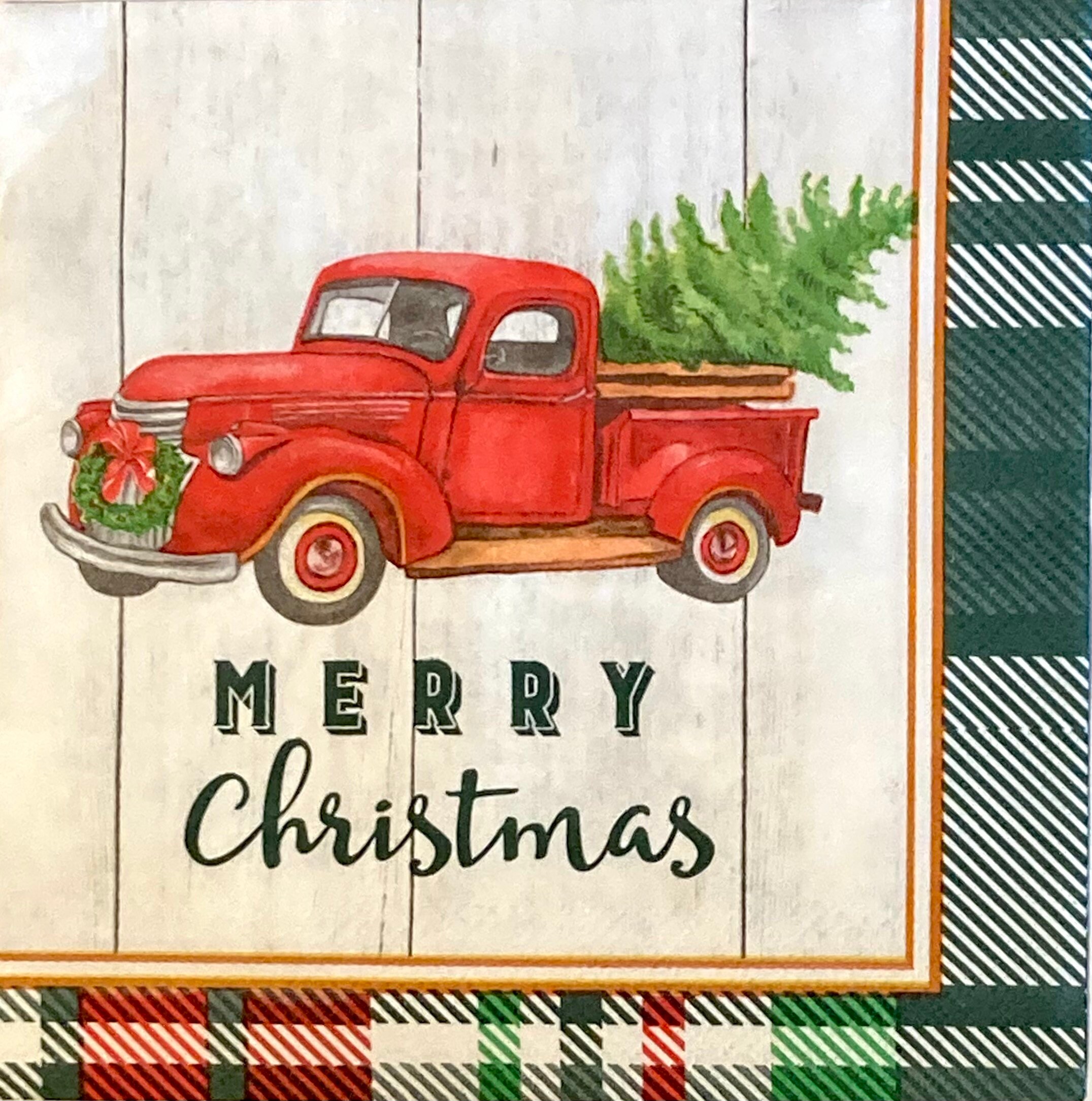 3 Decoupage Napkins, Rustic Red Pickup Truck Christmas Tree, 13" x 13" unfolded