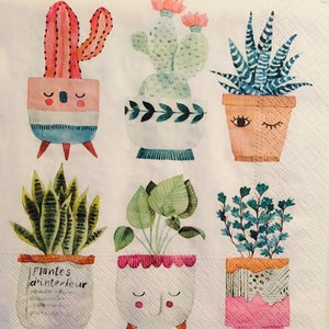 3 servilletas de decoupage, macetas de plantas Plantes d'Interieur 13" x 13" desplegadas