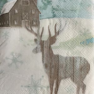 3 Decoupage Christmas SNOWY FARM DEER Napkins, 13&quot; x 16&quot; hostess size