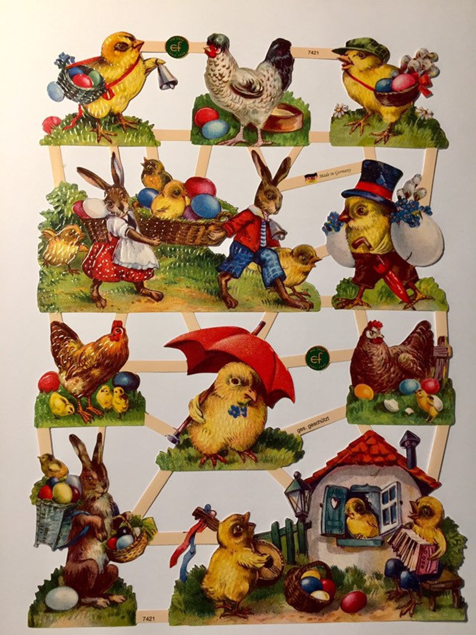 SCRAP RELIEFS Vintage Funny Easter Chicks Glanzbilder (1 sheet) #7421 Embossed Die Cuts - Ernst Freihoff GmbH Made in Germany