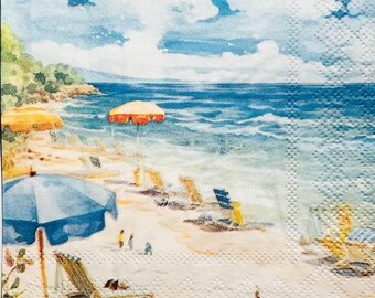 3 Decoupage Beverage Napkins, Summer Beach Watercolor, 10" x 10" unfolded