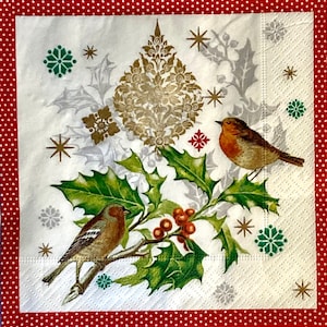 3 Decoupage Holiday Napkins, Winter Songbirds Holly 13&quot; x 13&quot; unfolded