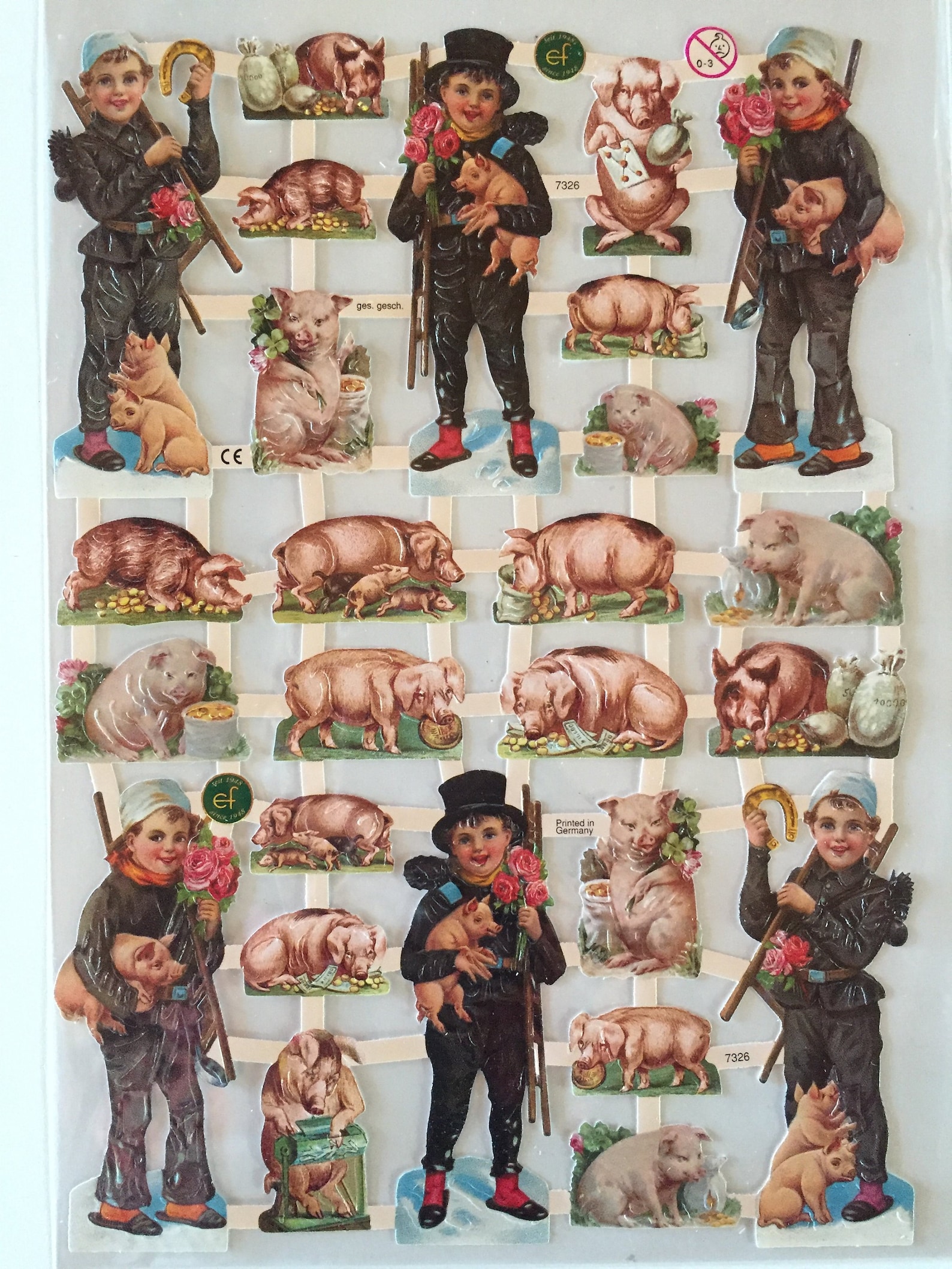 Pigs Chimney Sweeps Horseshoes Clover Happy New Year Glanzbilder SCRAP RELIEFS (1 sheet) #7326 - Embossed Die Cuts - Made in Germany
