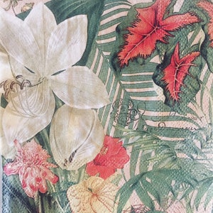 3 guardanapos de bebidas decoupage, colagem de flores de palmeira de baunilha tropical, 10&quot; x 10&quot; desdobrado