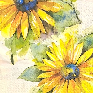 3 Decoupage-Servietten, große gelbe Sonnenblumen Aquarell, 33 x 33 cm ungefaltet