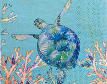 3 Decoupage Beverage Napkins, Aquaworld Blue Sea Turtle 10" x 10" unfolded