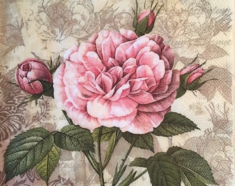 3 Decoupage Luncheon Napkins, Vintage Pink Roses With Buds, 13" x 13" unfolded