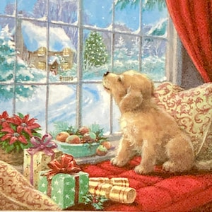 3 Decoupage Servietten, Weihnachts-Welpe auf Fenstersitz, 13"x 13" aufgeklappt