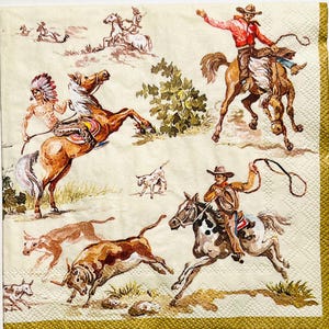 3 Decoupage Beverage Napkins, Wild West Cowboys Indians 10&quot; x 10&quot; Unfolded