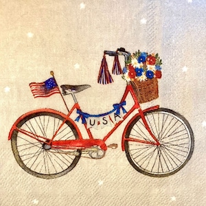 3 Decoupage Getränkeservietten, Patriotisches Rotes Fahrrad Vierter Juli USA, 10" x 10" aufgeklappt