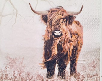 3 Decoupage Napkins - Scottish Highland Cow in Field, 13" x 13" unfolded