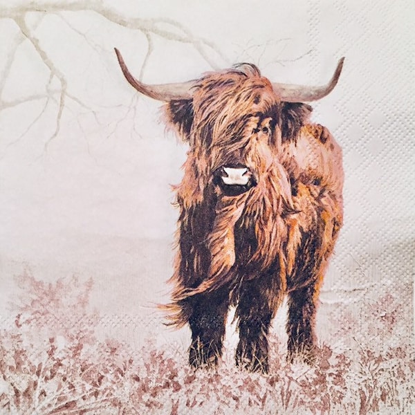 3 Decoupage Napkins - Scottish Highland Cow in Field, 13" x 13" unfolded