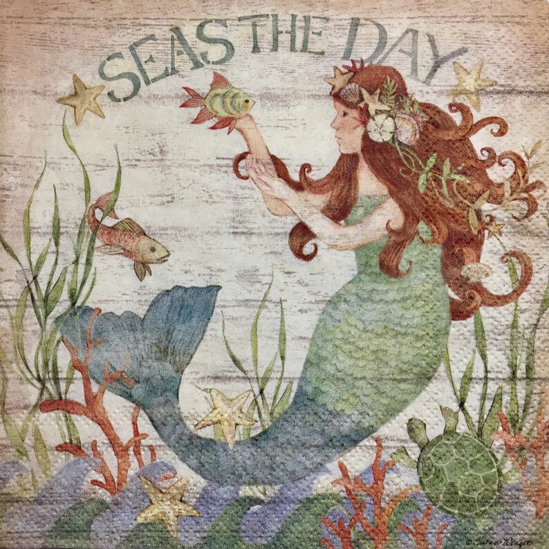 3 Decoupage Napkins Mermaid Seas the Day 13 x 13 Etsy