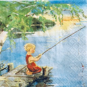 3 servilletas de bebidas Decoupage, estanque de pesca para niños 10 "x 10" desplegado