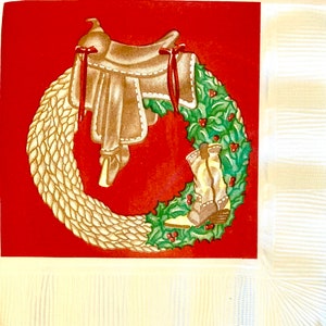 3 Authentic Vintage Decoupage Ganz Beverage Napkins - Cowboy Wreath Merry Christmas, 10&quot; x 10&quot; Unfolded