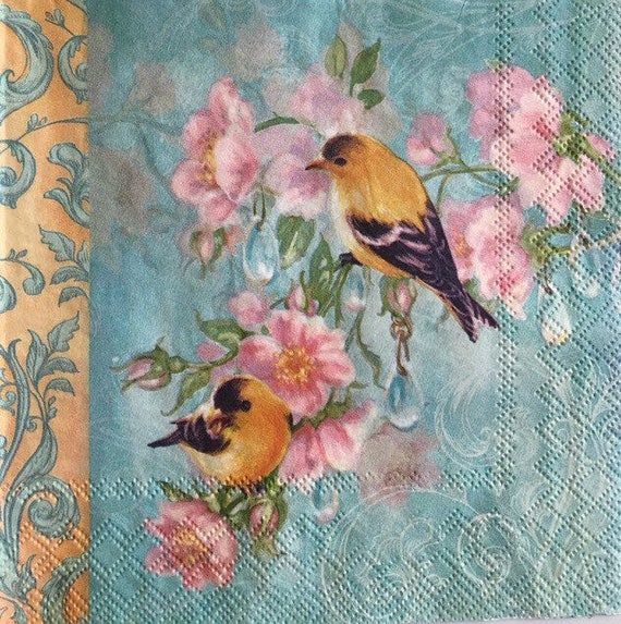 3 Decoupage Napkins, Dainty Yellow Birds on Pink Flowers Branch Baubles  13x13 Unfolded 