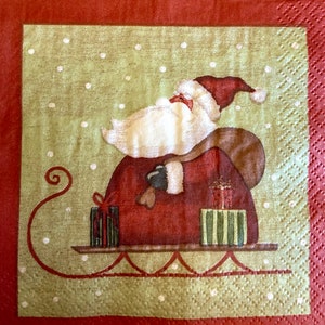 3 serviettes de boisson de découpage - Père Noël primitif rond en visite de Noël en traîneau, 10 « x 10 » déplié