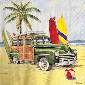 3 tovaglioli per bevande decoupage, scena di spiaggia estiva di tavole da surf in legno, 10" x 10" aperto