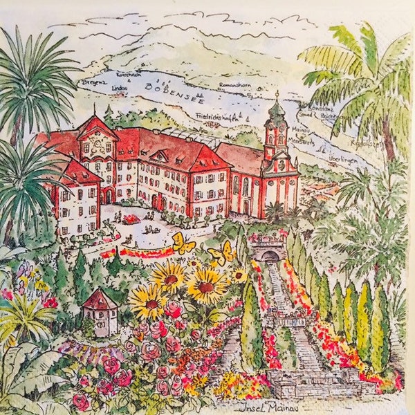 3 Decoupage Luncheon Napkins, Mainau Garden Island Lake Constance Germany 13" x 13" unfolded