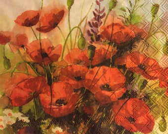 3 Decoupage Napkins - Wild Red Poppies 13&quot; x 13&quot; Unfolded