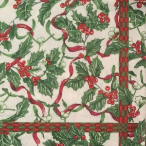 3 Decoupage Beverage Napkins, Holly Leaves Red Berries, 10&quot; x 10&quot; unfolded