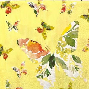 3 Servietten, Servietten Blumenmuster Schmetterling Gelb, 33 x 33 cm, ungefaltet