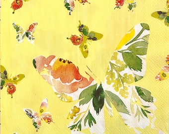 3 Decoupage Napkins, Floral Design Butterfly Yellow, 13" x 13" Unfolded
