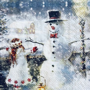3 Serviettes de déjeuner de Noël écoupage, câlin d’enfant et de bonhomme de neige 13 » x 13 » déplié