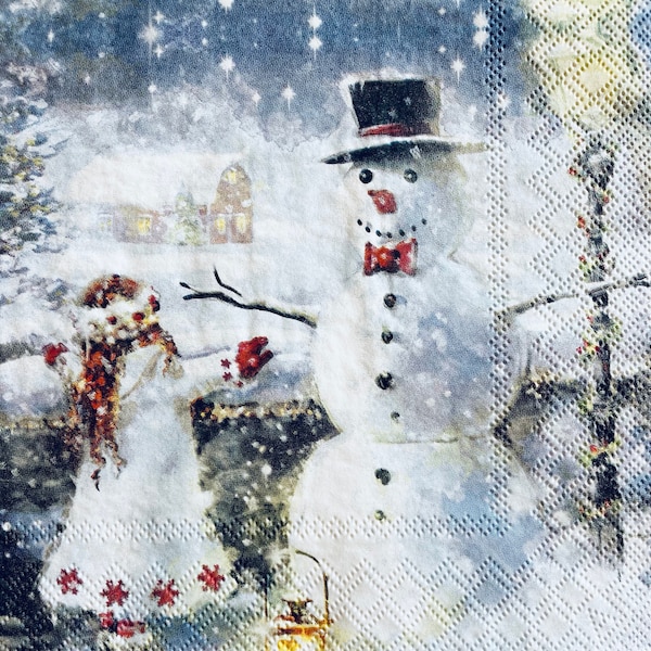 3 Decoupage Christmas Luncheon Napkins, Child and Snowman Hug 13" x 13" Unfolded